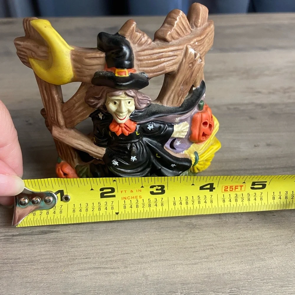 Halloween Fall‎ witch fence flying broom Tealight Holder 4 inch ceramic VTG